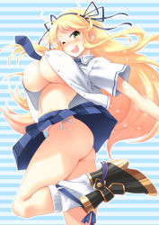 Rule 34 | 10s, 1girl, ass, blonde hair, blue necktie, boots, bouncing breasts, breasts, covered erect nipples, fuyube rion, green eyes, hair ribbon, katsuragi (senran kagura), large breasts, legs, long hair, looking at viewer, navel, necktie, open clothes, open mouth, open shirt, panties, pantyshot, pleated skirt, revision, ribbon, senran kagura, shirt, side-tie panties, skirt, smile, socks, solo, striped background, striped clothes, striped panties, thighs, underboob, underwear, upskirt, white socks