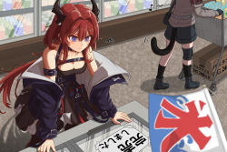 Rule 34 | 2girls, arknights, black dress, black jacket, black shorts, box, breasts, cardboard box, cat girl, cat tail, cleavage, closed mouth, collarbone, commentary request, demon girl, demon horns, dress, eighth note, hair intakes, horns, indoors, infection monitor (arknights), jacket, jessica (arknights), long hair, long sleeves, medium breasts, multiple girls, musical note, open clothes, open jacket, purple eyes, red hair, shironekoban, shopping cart, shorts, surtr (arknights), tail, translation request