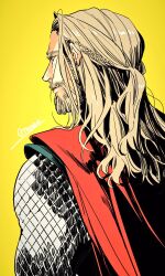 Rule 34 | 1boy, artist name, avengers (series), back, beard, black shirt, blonde hair, blue eyes, braid, cape, closed mouth, commentary, english commentary, facial hair, french braid, highres, long hair, long sleeves, looking to the side, male focus, marvel, marvel cinematic universe, ponytail, red cape, shirt, simple background, solo, standing, thor (marvel), toy (toy084), v-shaped eyebrows, yellow background
