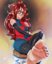 Rule 34 | 1girl, android 21, arm warmers, barefoot, black-framed eyewear, black nails, blue eyes, brown hair, chair, dragon ball, dragon ball fighterz, dress, earrings, feet, female focus, glasses, hoop earrings, jewelry, lipstick, long hair, makeup, multicolored clothes, multicolored dress, nail polish, pantyhose, scamwich, sitting, soles, solo, toes