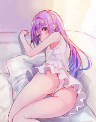 Rule 34 | 1girl, :o, aikatsu!, aikatsu! (series), ass, bare arms, bare shoulders, blush, dress, highres, hikami sumire, long hair, looking at viewer, looking back, lying, makiaato, on side, panties, parted lips, pillow, purple eyes, purple hair, short dress, sleeveless, sleeveless dress, solo, underwear, very long hair, white dress, white panties