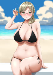 Rule 34 | 1girl, :o, puff of air, beach, bikini, black bikini, blue sky, blush, breasts, cleavage, cloud, curvy, day, earrings, furrowed brow, glasses, green eyes, hand up, highres, jewelry, kantai collection, katori (kancolle), large breasts, light brown hair, looking at viewer, medium hair, navel, outdoors, side ponytail, sitting, sky, solo, stomach, swimsuit, takomeshi, thighs, underboob