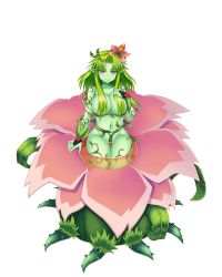 Rule 34 | 1girl, absurdres, alraune, alraune (monster girl encyclopedia), breasts, cleavage, collarbone, colored skin, commentary request, flower, flower on head, full body, green hair, green skin, hair intakes, hair over breasts, highres, large breasts, leaf, long hair, looking at viewer, monster girl, monster girl encyclopedia, navel, nude, plant, plant girl, pointy ears, purple eyes, smile, sogegin, solo, thigh gap, transparent background, vines, white background