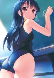 Rule 34 | 1girl, :o, absurdres, ass, black hair, brown eyes, chalkboard, eyebrows, from behind, highres, holding, indoors, long hair, looking back, one-piece swimsuit, open mouth, original, scan, school swimsuit, solo, swimsuit, takoyaki (roast), writing