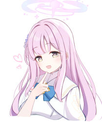 Rule 34 | 1girl, blue archive, blue bow, blue bowtie, blush, bow, bowtie, foulo paints, halo, heart, highres, index finger raised, long hair, mika (blue archive), pink hair, pink halo, school uniform, simple background, solo, straight hair, twitter, upper body, white background, yellow eyes
