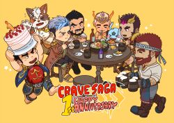 Rule 34 | 6+boys, adamus (crave saga), animal ears, animal hands, anniversary, arm hair, armor, ascot, ash (crave saga), bandaid, bandaid on face, barefoot, beard, beer mug, black hair, blue hair, blush, buttons, cake, cat boy, cat ears, cat paws, chibi, closed eyes, crave saga, crown, cup, double-breasted, eating, english text, epaulettes, eyebrow cut, facial hair, fang, food, forked eyebrows, goatee, gorou naoki, guy (crave saga), headband, highres, holding, holding cup, holding food, hotpot, japanese armor, jewelry, kerykeion (crave saga), kinta (crave saga), long sideburns, mageiro (crave saga), mug, multicolored hair, multiple boys, mustache, necklace, one eye closed, open mouth, patrossi (crave saga), purple hair, short hair, sideburns, sleeves rolled up, smile, star (symbol), streaked hair, thick eyebrows, white hair, yellow background