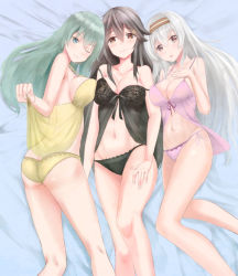 Rule 34 | 10s, 3girls, :o, ;d, alternate costume, ass, asymmetrical docking, babydoll, bed sheet, black hair, black panties, blush, breast press, breasts, brown eyes, cleavage, eyebrows, from above, girl sandwich, green eyes, green hair, hair between eyes, hair ornament, hairband, hairclip, hand on own chest, hand on own thigh, hand on thigh, haruna (kancolle), irohakaede, kantai collection, large breasts, legs together, lingerie, long hair, looking at viewer, looking up, lying, medium breasts, multiple girls, navel, on back, one eye closed, open mouth, panties, parted lips, pink panties, pink ribbon, ribbon, sandwiched, see-through, shoukaku (kancolle), side-tie panties, sideboob, smile, stomach, strap slip, suzuya (kancolle), underwear, underwear only, white hair, yellow panties