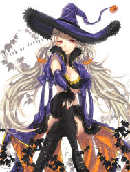 Rule 34 | 1girl, bad id, bad pixiv id, breasts, cleavage, halloween, hat, highres, iria (yumeirokingyo), long hair, midriff, nail polish, original, red eyes, silver hair, skirt, solo, thighhighs, very long hair, witch hat