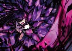 Rule 34 | 10s, 1girl, armor, armored dress, breasts, cleavage, dark persona, date a live, glowing, glowing eyes, hair between eyes, highres, holding, holding weapon, long hair, medium breasts, navel, novel illustration, official art, open mouth, purple eyes, purple hair, solo, spoilers, tsunako, weapon, yatogami tooka