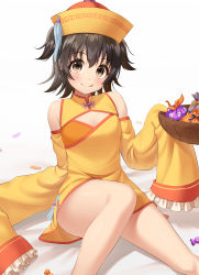 Rule 34 | 1girl, absurdres, akagi miria, bed sheet, black hair, blush, bowl, breasts, brown eyes, candy, china dress, chinese clothes, cleavage, cleavage cutout, clothing cutout, commentary, detached sleeves, dress, food, frilled sleeves, frills, hat, highres, holding, holding bowl, idolmaster, idolmaster cinderella girls, legs, looking at viewer, short hair, short twintails, sitting, small breasts, smile, solo, thighs, tongue, tongue out, tsunenorip, twintails, very long sleeves, yellow dress, yellow hat
