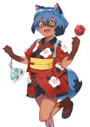 Rule 34 | 1girl, animal ears, bag, bagged fish, blue hair, body fur, brand new animal, candy apple, commentary request, dark-skinned female, dark skin, fang, fingernails, fish, floral print, food, foot out of frame, furry, furry female, goldfish, green eyes, highres, imori (lizzy), japanese clothes, kagemori michiru, kimono, leg up, looking at viewer, open mouth, print kimono, raccoon ears, raccoon girl, raccoon tail, red kimono, sandals, sash, sharp fingernails, sharp toenails, short hair, short kimono, shorts, simple background, smile, solo, tail, thick eyebrows, toenails, white background, yukata