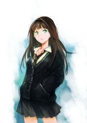 Rule 34 | 10s, 1girl, absurdres, black skirt, brown hair, buttons, cardigan, collarbone, collared shirt, earrings, green eyes, green necktie, hands in pockets, highres, idolmaster, idolmaster cinderella girls, jewelry, layered clothes, long hair, long sleeves, looking back, necklace, necktie, parted lips, pleated skirt, school uniform, shibuya rin, shirt, simple background, skirt, solo, striped necktie, striped neckwear, white background, yan wen zi