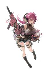 Rule 34 | 1girl, absurdres, black footwear, blush, boots, breasts, candy, chochomi, denim, denim shorts, food, full body, gloves, gun, headphones, highres, holding, holding gun, holding weapon, jacket, jewelry, large breasts, lollipop, looking at viewer, mouth hold, nail polish, necklace, open clothes, open jacket, orange eyes, original, pink hair, pink jacket, pink nails, shorts, simple background, sketch, sleeveless, solo, thigh strap, weapon, white background
