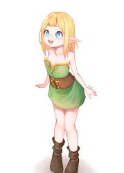 Rule 34 | 1girl, absurdres, bare shoulders, blonde hair, blue eyes, boots, brown footwear, dress, elf, full body, green dress, highres, minagawa rei (uru), open mouth, original, pointy ears, short dress, short hair, simple background, smile, solo, strapless, strapless dress, white background