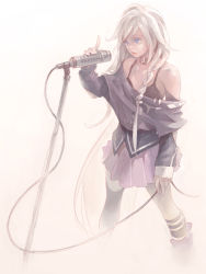 Rule 34 | 1girl, bad id, bad pixiv id, bare shoulders, blonde hair, blue eyes, braid, choker, highres, ia (vocaloid), long hair, microphone, microphone stand, off shoulder, pomodorosa, single thighhigh, skirt, solo, thighhighs, vocaloid