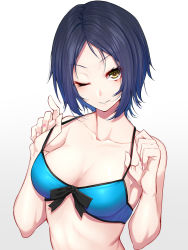 Rule 34 | 1girl, bare shoulders, bikini, black hair, blue bikini, blue hair, blush, breasts, cleavage, collarbone, commentary request, hayami kanade, highres, idolmaster, idolmaster cinderella girls, looking at viewer, medium breasts, mikan (chipstar182), multicolored hair, one eye closed, parted bangs, short hair, simple background, smile, solo, swimsuit, two-tone hair, white background, yellow eyes
