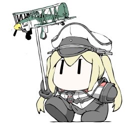 Rule 34 | 1girl, aircraft, airplane, black footwear, black gloves, blonde hair, capelet, celtic knot, chibi, gloves, graf zeppelin (kancolle), hat, holding, kantai collection, long hair, miniskirt, no mouth, peaked cap, pleated skirt, shoes, simple background, skirt, solo, stick, task (s task80), twintails, walking, white background, white capelet, | |