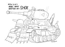 Rule 34 | absurdres, artist name, cannon, caterpillar tracks, character name, commentary, copyright name, dorme mecum, english commentary, english text, greyscale, highres, metal slug, military, military vehicle, missile, monochrome, motor vehicle, no humans, shoe (metal slug), simple background, tank, vehicle focus
