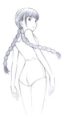 Rule 34 | 1girl, braid, long hair, monochrome, one-piece swimsuit, original, sketch, solo, swimsuit, traditional media, twin braids, yoshitomi akihito