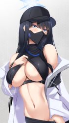 Rule 34 | 1girl, akitsuki karasu, armband, baseball cap, black hair, black hat, black mask, black pants, black shirt, blue archive, blue eyes, breasts, chest harness, cleavage, clothes lift, clothes pull, crop top, halo, harness, hat, highres, jacket, lifted by self, long hair, mask, medium breasts, midriff, mouth mask, navel, off shoulder, open clothes, open jacket, pants, pants pull, pulled by self, saori (blue archive), shirt, shirt lift, sleeveless, sleeveless shirt, solo, stomach, underboob, underbust, white jacket