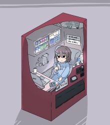 Rule 34 | 1girl, air conditioner, bag, black eyes, blue shirt, brown hair, can, cellphone, chair, computer, drink can, expressionless, fish hair ornament, grey background, hair between eyes, hair ornament, highres, holding, holding phone, indoors, kani aji, kani aji-chan, laptop, long sleeves, medium hair, original, part time job, phone, shirt, sitting, smartphone, snack, solo, tape, translation request, vending machine