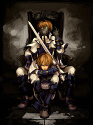 Rule 34 | 2boys, arc system works, blonde hair, brown hair, clothed robot, full body, gauntlets, guilty gear, guilty gear x, guilty gear xx, holding, holding sword, holding weapon, ky kiske, looking at viewer, male focus, multiple boys, puppet, robo-ky, robot, shoulder pads, sitting, sword, throne, weapon