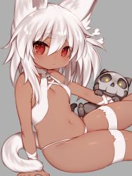 Rule 34 | 1girl, animal, animal ear fluff, animal ears, bare shoulders, black cat, blush, bone hair ornament, breasts, cat, cat ears, cat girl, cat tail, commentary, dark-skinned female, dark skin, fingernails, grey background, hair between eyes, hair ornament, highres, long hair, looking at viewer, mofuaki, navel, original, panties, parted lips, red eyes, simple background, sitting, skull, small breasts, solo, tail, thick eyebrows, underwear, white hair, white panties