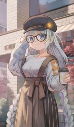 Rule 34 | 1girl, a.i. voice, absurdres, adjusting eyewear, awning, blue eyes, blush, braid, breasts, brown skirt, building, cabbie hat, closed mouth, coffee cup, cowboy shot, cup, day, disposable cup, glasses, hand on eyewear, hand up, hat, high-waist skirt, highres, holding, holding cup, kizuna akari, kizuna akari (a.i. voice), kyo mizusawa, large breasts, long hair, long sleeves, looking at viewer, low twin braids, outdoors, skirt, smile, solo, storefront, suspender skirt, suspenders, sweater, twin braids, underbust, very long hair, voiceroid, white sweater