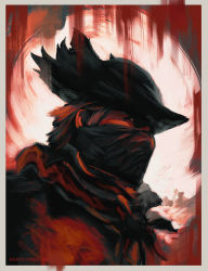 Rule 34 | 1boy, absurdres, anato finnstark, artist name, bloodborne, border, covered mouth, from side, hat, highres, hunter (bloodborne), male focus, portrait, red theme, solo, white border