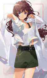 1girl :3 absurdres ahoge belt blue_eyes brown_hair collarbone cowboy_shot crop_top earrings highres ichinose_shiki idolmaster idolmaster_cinderella_girls jewelry lab_coat long_hair looking_at_viewer midriff n-bata off-shoulder_shirt off_shoulder shirt skirt solo standing wavy_hair white_shirt