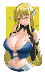 Rule 34 | 1girl, aori sora, astraea (sora no otoshimono), bare shoulders, blonde hair, blush, breasts, cleavage, elbow gloves, gloves, highres, large breasts, long hair, looking at viewer, midriff, navel, one eye closed, red eyes, solo, sora no otoshimono, tongue, tongue out