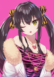 Rule 34 | 1girl, absurdres, animal print, bare shoulders, black hair, camisole, coat, collarbone, commentary request, fur trim, hair between eyes, heart, heart necklace, highres, huge filesize, idolmaster, idolmaster cinderella girls, jewelry, leopard print, long hair, looking at viewer, matoba risa, necklace, off-shoulder shirt, off shoulder, one eye closed, open mouth, pink background, print ribbon, ribbon, shirt, sidelocks, simple background, solo, spaghetti strap, tsunenorip, twintails, upper body, yellow eyes