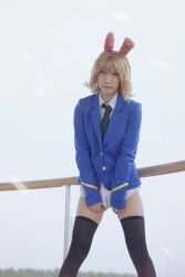 Rule 34 | 1girl, amelie planchard, amelie planchard (cosplay), animal ears, aohashi ame, black thighhighs, blonde hair, blue eyes, cameltoe, cosplay, cosplay photo, fake animal ears, highres, military uniform, no pants, outdoors, panties, photo (medium), rabbit ears, sky, solo, strike witches, thighhighs, underwear, uniform, white panties, world witches series