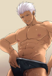 Rule 34 | 1boy, archer (fate), brown eyes, chachi (soulga), edging briefs, fate (series), large pectorals, male focus, muscular, navel, nipples, pectorals, pubic hair, topless male, solo, standing, sweat, underwear, wet