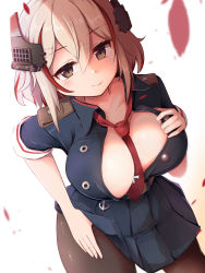 Rule 34 | 1girl, azur lane, between breasts, black pantyhose, black shirt, black skirt, blonde hair, blush, breasts, brown eyes, cleavage, closed mouth, clothes lift, collarbone, collared shirt, commentary request, cowboy shot, cross, dutch angle, hair between eyes, headgear, highres, iron cross, large breasts, leaning forward, lifting own clothes, looking at viewer, multicolored hair, necktie, necktie between breasts, nekonetoru take, official alternate costume, pantyhose, partial commentary, red hair, red necktie, roon (azur lane), school uniform, shirt, short hair, short sleeves, sidelocks, skirt, skirt lift, smile, solo, standing, streaked hair, unbuttoned, white background