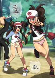 Rule 34 | 1boy, 2girls, absurdres, angry, ankle boots, bag, blue eyes, blush, boots, bow, bow panties, breasts, brown hair, creatures (company), double bun, eevee, euf-dreamer, game freak, gen 1 pokemon, hair bun, hat, highres, hilda (pokemon), long hair, multiple girls, nature, nintendo, no pants, open mouth, outdoors, panties, pokemon, pokemon (creature), pokemon bw, pokemon bw2, print panties, reaching, reaching towards viewer, rosa (pokemon), small breasts, tagme, theft, twintails, underwear, vest