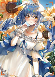 Rule 34 | 1girl, alternate costume, animal ear fluff, bad id, bad pixiv id, bare shoulders, blue hair, blue ribbon, blush, bra strap, braid, collarbone, commentary request, cowboy shot, dress, flower, frilled dress, frills, hair flower, hair ornament, hololive, long hair, long sleeves, looking at viewer, nose blush, off-shoulder dress, off shoulder, orange eyes, parted lips, pom pom (clothes), ribbon, ryuuji teitoku, solo, sunflower, thick eyebrows, twin braids, usada pekora, very long hair, viewfinder, virtual youtuber, white dress, white flower, white hair, wide sleeves, yellow flower