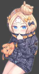 Rule 34 | 1girl, :o, abigail williams (fate), abigail williams (traveling outfit) (fate), absurdres, black bow, black jacket, blonde hair, blue eyes, blush, bow, commentary request, fate/grand order, fate (series), grey background, hair bow, hair bun, highres, jacket, long hair, long sleeves, looking at viewer, hugging object, official alternate costume, orange bow, parted bangs, parted lips, polka dot, polka dot bow, revision, simple background, single hair bun, sitting, sleeves past fingers, sleeves past wrists, solo, stuffed animal, stuffed toy, teddy bear, zongren