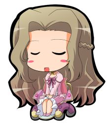 Rule 34 | 00s, 1girl, :d, ^ ^, blush, braid, brown hair, chair, chibi, closed eyes, code geass, dress, french braid, full body, long sleeves, lowres, nunnally vi britannia, open mouth, pink dress, simple background, sitting, smile, solo, suntail, white background