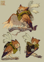 Rule 34 | animal, backpack, bag, bird, bird wings, branch, brown bag, commentary, english commentary, feathered wings, full body, glass bottle, green eyes, highres, looking at viewer, mouth hold, murayama ryota, no headwear, open mouth, original, owl, simple background, wings
