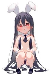 Rule 34 | 1girl, :o, absurdres, animal ears, black footwear, black hair, black leotard, black necktie, blush, collar, covered navel, detached collar, full body, hair between eyes, highres, leotard, long hair, looking at viewer, meito (maze), meme attire, navel, necktie, open mouth, original, playboy bunny, rabbit ears, red eyes, see-through, shoes, short necktie, simple background, solo, squatting, strapless, strapless leotard, translucent bunnysuit, very long hair, white background, white collar, wing collar