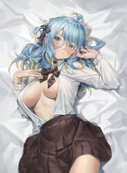 Rule 34 | 1girl, ahoge, bed sheet, black bow, black skirt, blonde hair, blue hair, blush, bow, breasts, character request, copyright request, cropped legs, douya (233), glasses, large breasts, looking at viewer, lying, multicolored eyes, multicolored hair, no bra, on back, open clothes, open shirt, original, pleated skirt, round eyewear, shirt, sidelocks, skirt, swept bangs, twintails, wavy hair, white shirt, yellow nails