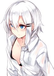 Rule 34 | 1girl, areola slip, black bra, blue eyes, blush, bra, buttons, closed mouth, collarbone, collared shirt, flat chest, hair between eyes, hair ornament, hairclip, highres, long sleeves, original, otokuyou, oversized breast cup, ringo-chan (haegiwa), ringo-chan (otokuyou), see-through, shirt, short hair, simple background, sketch, solo, unbuttoned, unbuttoned shirt, underwear, upper body, white background, white hair, white shirt