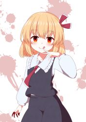 Rule 34 | 1girl, :q, black skirt, black vest, blonde hair, blood, blood on hands, blush, closed mouth, collared shirt, cowboy shot, frilled shirt collar, frills, hair ribbon, long sleeves, looking at viewer, medium hair, necktie, red eyes, red necktie, red ribbon, ribbon, rumia, shirt, skirt, skirt set, smile, solo, takapi 3, tongue, tongue out, touhou, vest, white background, white shirt