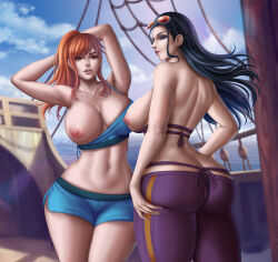 Rule 34 | 2girls, absurdres, ass, black hair, blue eyes, blue shorts, breasts, breasts out, butt crack, cleavage, curvy, day, flowerxl, highres, huge ass, huge breasts, large breasts, long hair, midriff, multiple girls, nami (one piece), nico robin, nipples, ocean, one piece, open fly, orange hair, pants, purple pants, ship, shorts, stomach, sunglasses, sunglasses on head, tagme, thick thighs, thighs, thong, torn clothes, underboob, watercraft, wide hips