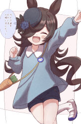 Rule 34 | 1girl, :d, ^ ^, absurdres, animal ears, arm up, black hair, black hat, black shorts, blue flower, blue rose, blue shirt, blush, brown background, closed eyes, collared shirt, commentary request, facing viewer, flower, hair over one eye, hat, hat flower, highres, horse ears, horse girl, horse tail, kindergarten uniform, long hair, long sleeves, open mouth, puffy long sleeves, puffy sleeves, rice shower (umamusume), rose, shirt, shoes, short shorts, shorts, smile, socks, solo, standing, standing on one leg, sunanuko (ramuneko), tail, tilted headwear, translation request, two-tone background, umamusume, uwabaki, very long hair, white background, white footwear, white socks