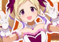 1girl alternate_costume blonde_hair drill_hair elise_(fire_emblem) fire_emblem fire_emblem_fates hiyori_(rindou66) idol idolmaster idolmaster_cinderella_girls long_hair looking_at_viewer multicolored_hair nintendo open_mouth purple_eyes purple_hair smile streaked_hair twin_drills twintails