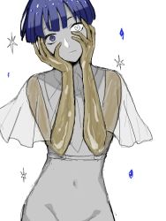 Rule 34 | 1other, androgynous, blue eyes, blue hair, blunt bangs, expressionless, golden arms, hands on own face, heterochromia, houseki no kuni, looking at viewer, miyuzu, out-of-frame censoring, phosphophyllite, phosphophyllite (ll), see-through, short hair, solo, spoilers, white background, white eyes, wide-eyed
