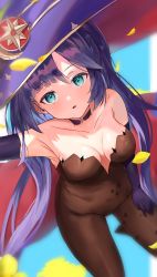 Rule 34 | 1girl, aqua eyes, armpits, bare shoulders, black pantyhose, bodystocking, breasts, cape, choker, collarbone, derby (dabidabi), genshin impact, hair ornament, hair ribbon, half-closed eyes, hat, highres, kneeling, looking at viewer, medium breasts, mona (genshin impact), no leotard, open mouth, outstretched arm, pantyhose, purple hair, ribbon, selfie, solo, star (symbol), star hair ornament, twintails, witch hat
