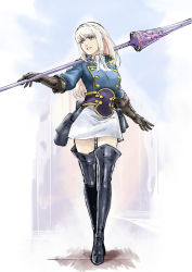 Rule 34 | 1girl, warrior of light (ff14), blonde hair, blue jacket, boots, brown gloves, buttons, crossed legs, double-breasted, dragoon (final fantasy), final fantasy, final fantasy xiv, gloves, green eyes, hairband, holding, holding weapon, hyur, ishii hisao, jacket, knee boots, lance, crossed legs, armored boots, polearm, revision, skirt, smile, solo, standing, watson cross, weapon, white skirt